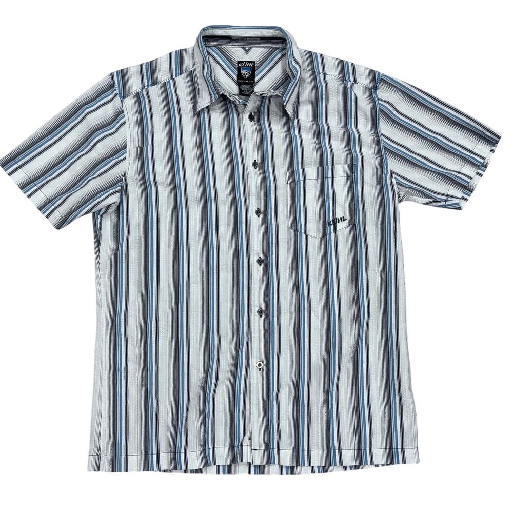 KUHL Striped Short Sleeve Shirt Men's L Recycled Poly Cotton Outdoor